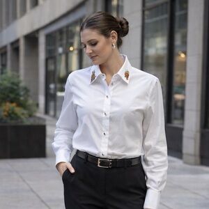 Foxcroft White Button Up Shirt Embroidered Harvest Collar Women Sz 6